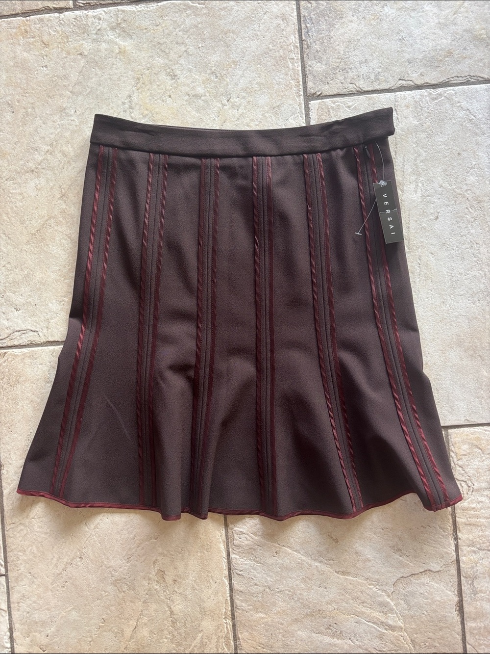 Versai Vintage NWT Chocolate Brown Skirt with Burgundy Stripe Panels